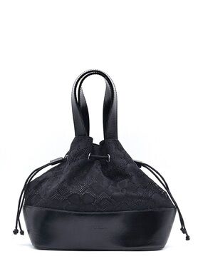 Furla Black Lace & Leather Drawstring Bucket Bag